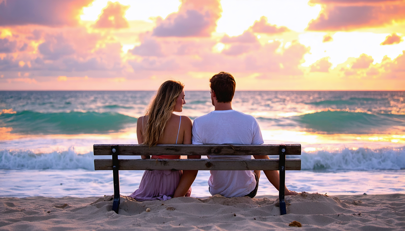 A couple sitting on a beach bench during sunset, enjoying a romantic moment.