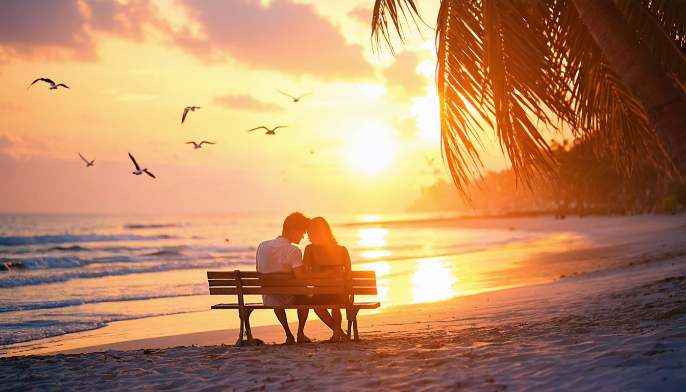 A couple sitting on a bench at the beach during sunset, holding hands and looking at each other.