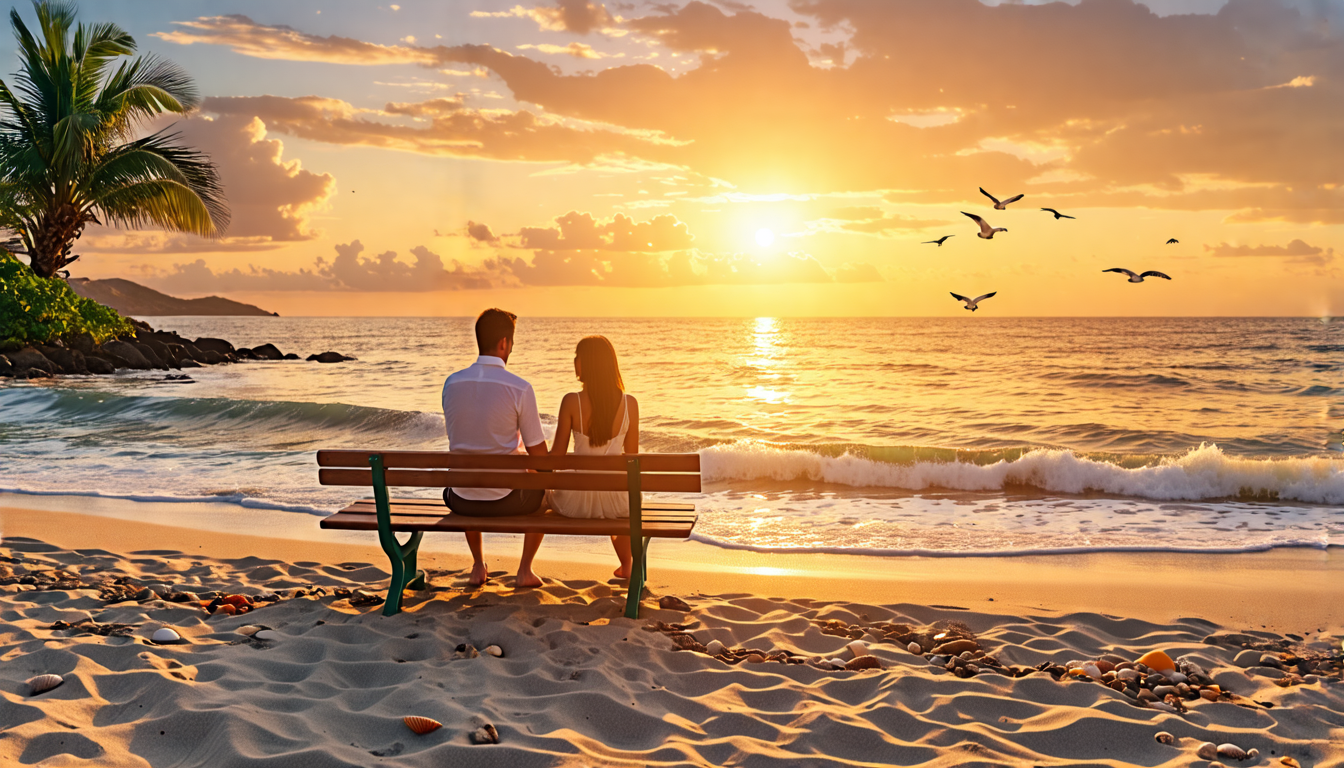 A romantic couple sitting on a beach bench during sunset, holding hands and enjoying the view.