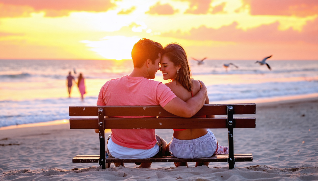 A couple sitting on a bench at the beach during sunset, enjoying a romantic moment.