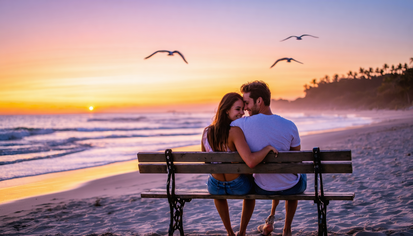 A couple sitting on a wooden bench at the beach during sunset, enjoying a romantic moment.