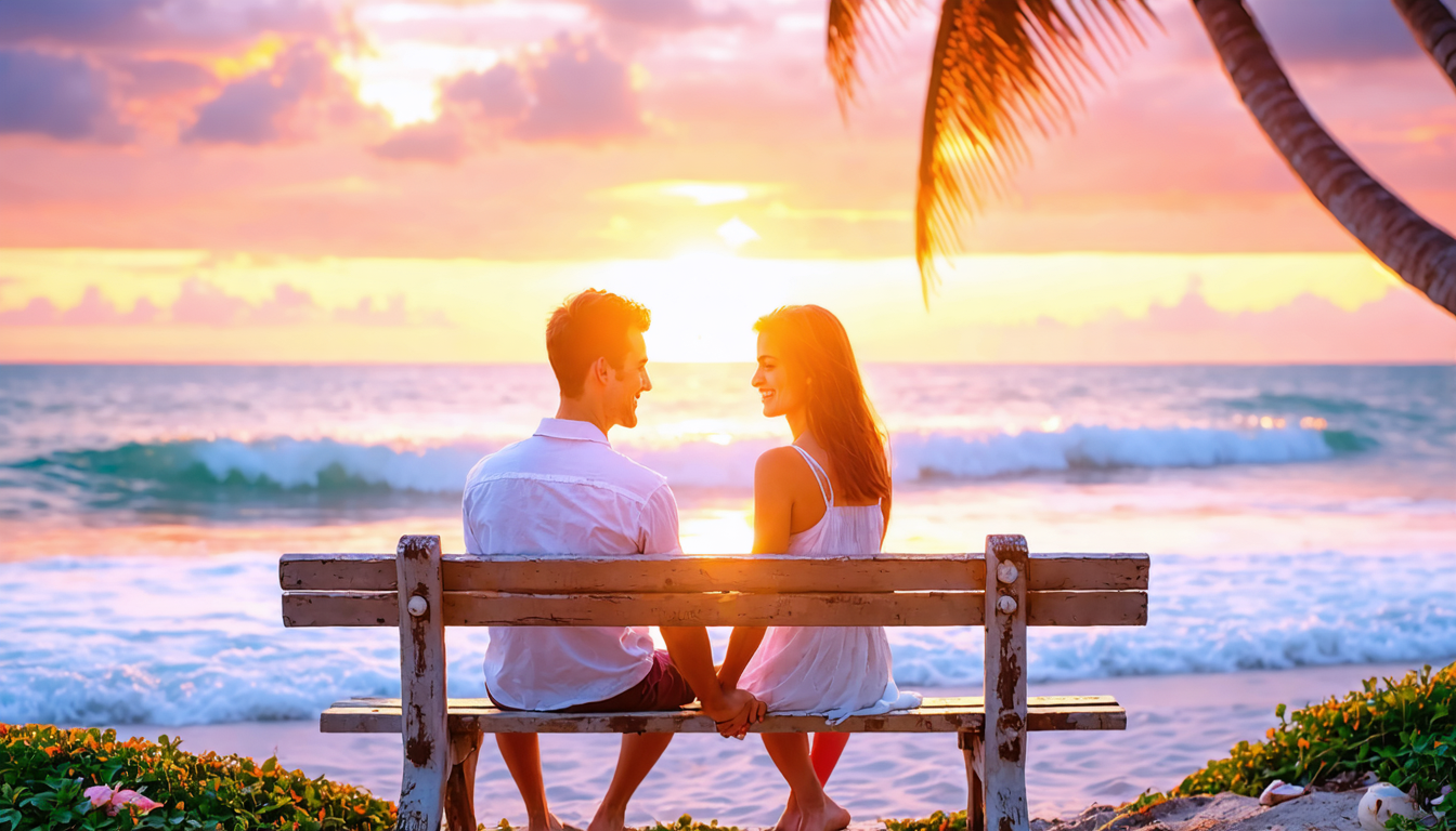 A romantic couple sitting on a beach bench during sunset, holding hands with the ocean in the background.