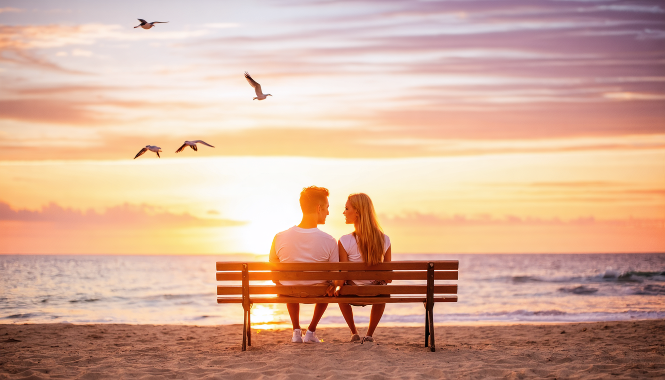 A romantic couple sitting on a beach bench during sunset, holding hands and looking at each other.