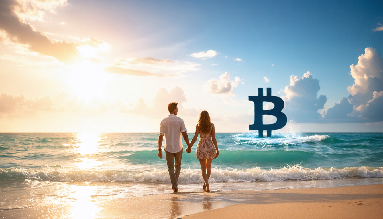 A couple walking hand in hand on a beach with a Bitcoin silhouette in the ocean.