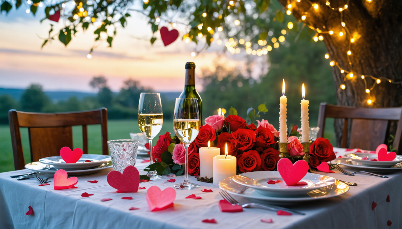 Romantic Valentine's Day table setting with roses, candles, and sparkling wine under a starlit sky.