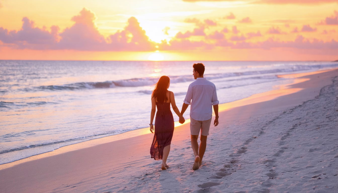 A couple walking hand in hand on the beach during a beautiful sunset.