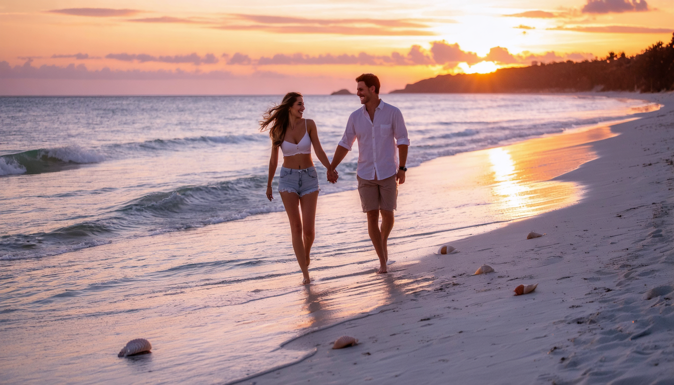 A couple walking hand in hand on a beach during sunset with colorful sky.