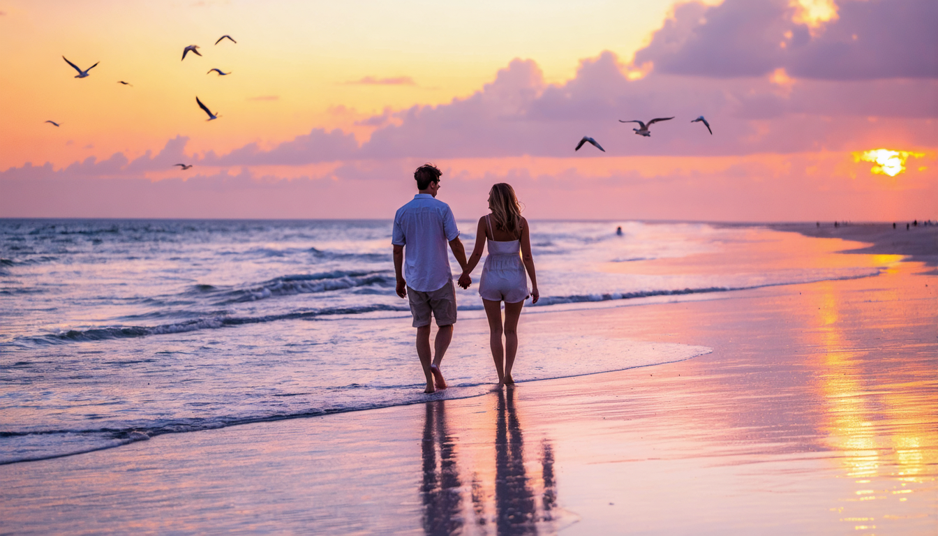 A romantic couple walking hand in hand on a beach during sunset.