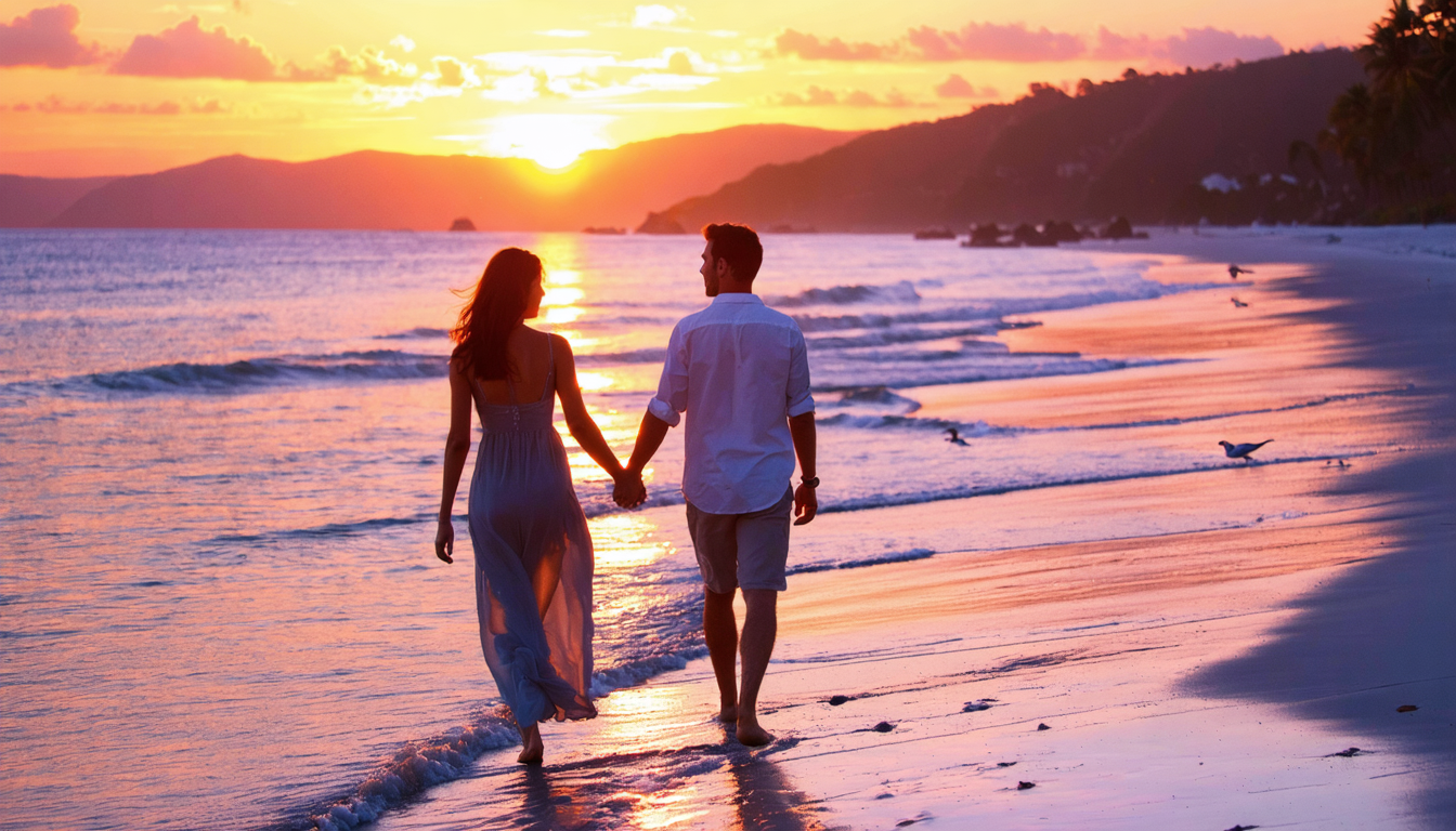 A couple walking on a beach during sunset, enjoying a romantic moment.