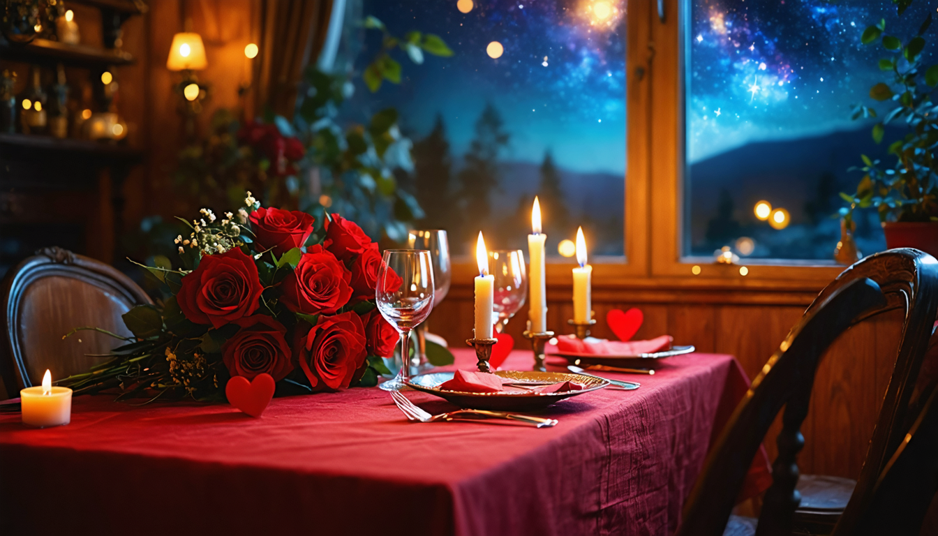 A romantic Valentine's Day table setting with candles and roses.