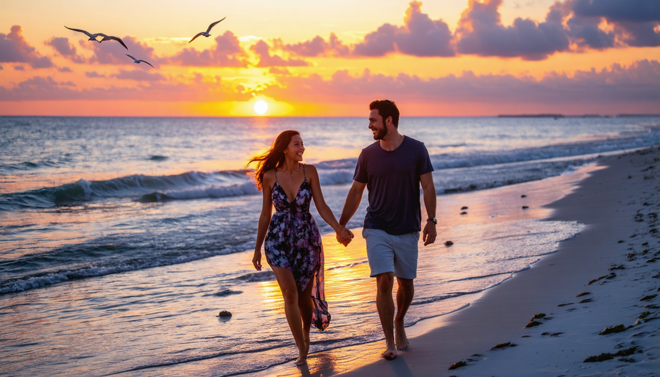 Couple walking hand in hand on a beach during sunset, with vibrant sky colors and gentle waves.