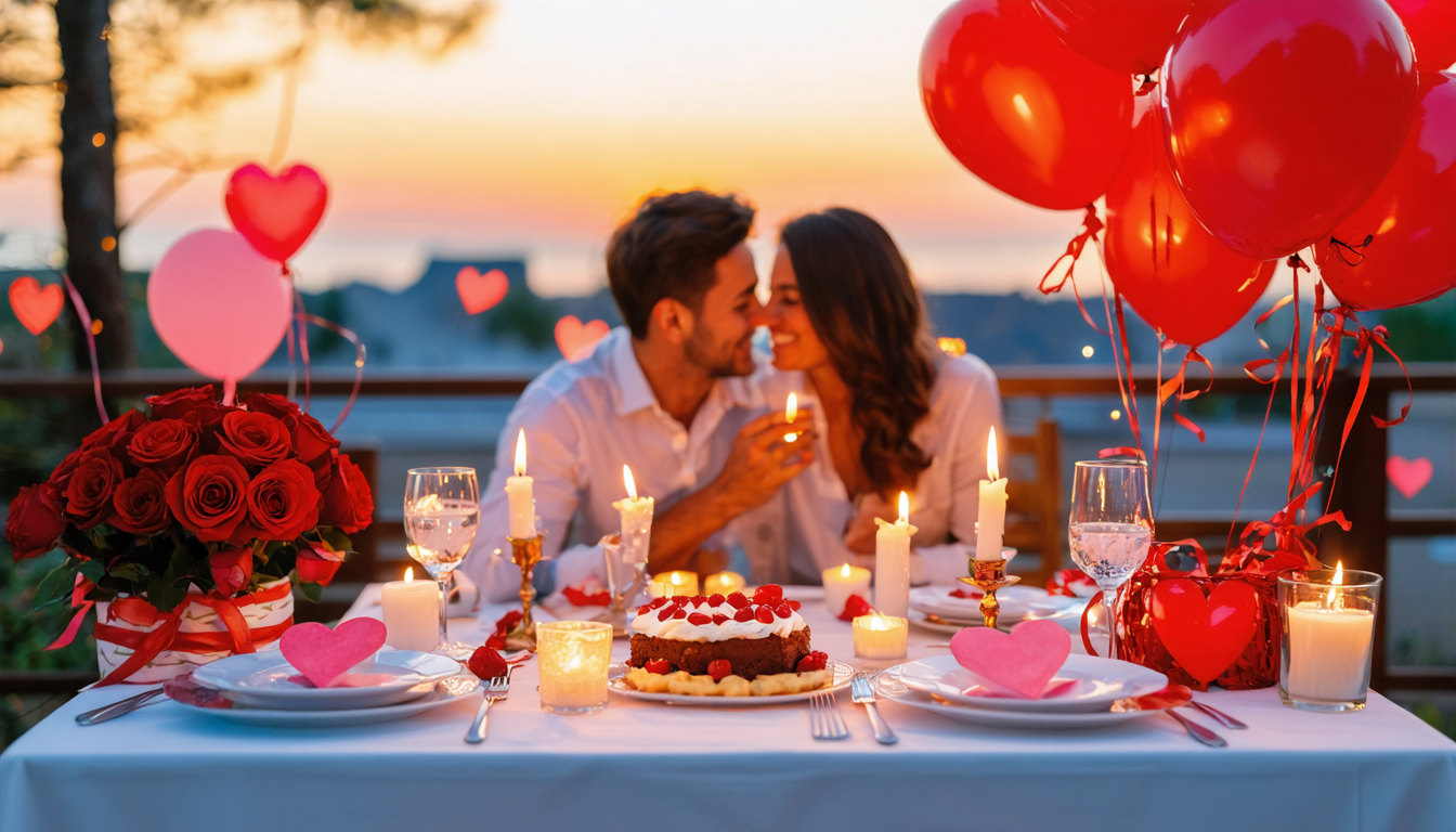 A romantic Valentine's Day dinner setup with candles, roses, and a sunset background.