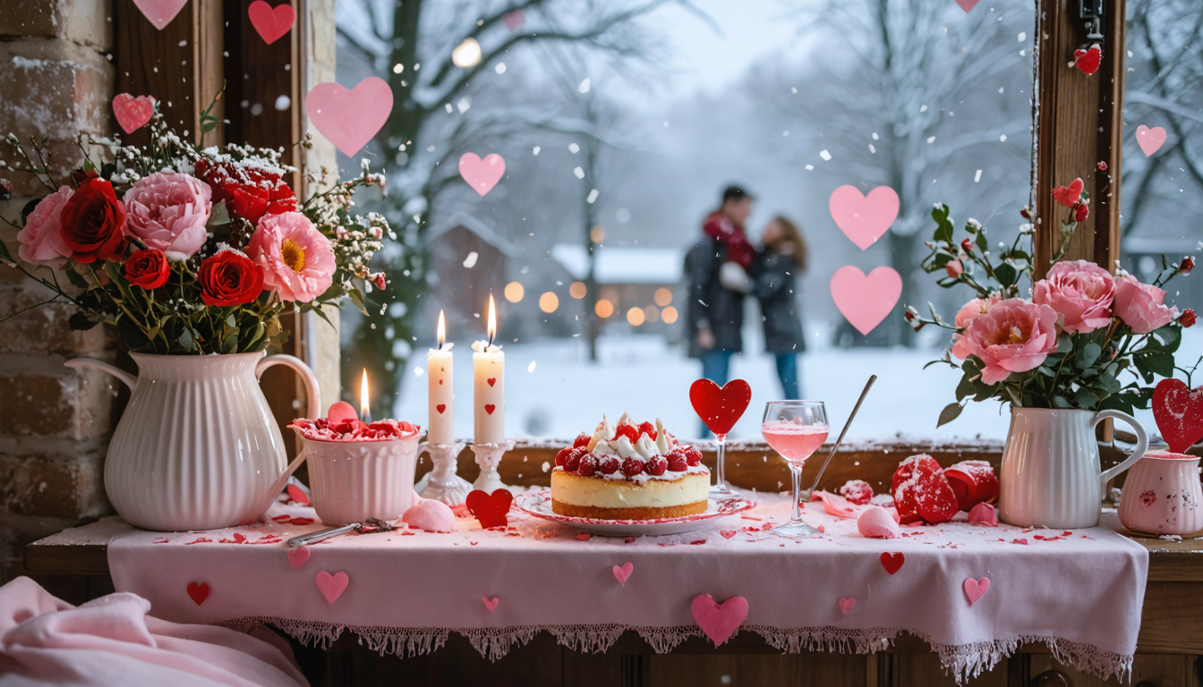 A romantic Valentine's Day scene in a cozy café with a couple sharing dessert, adorned with hearts and flowers.