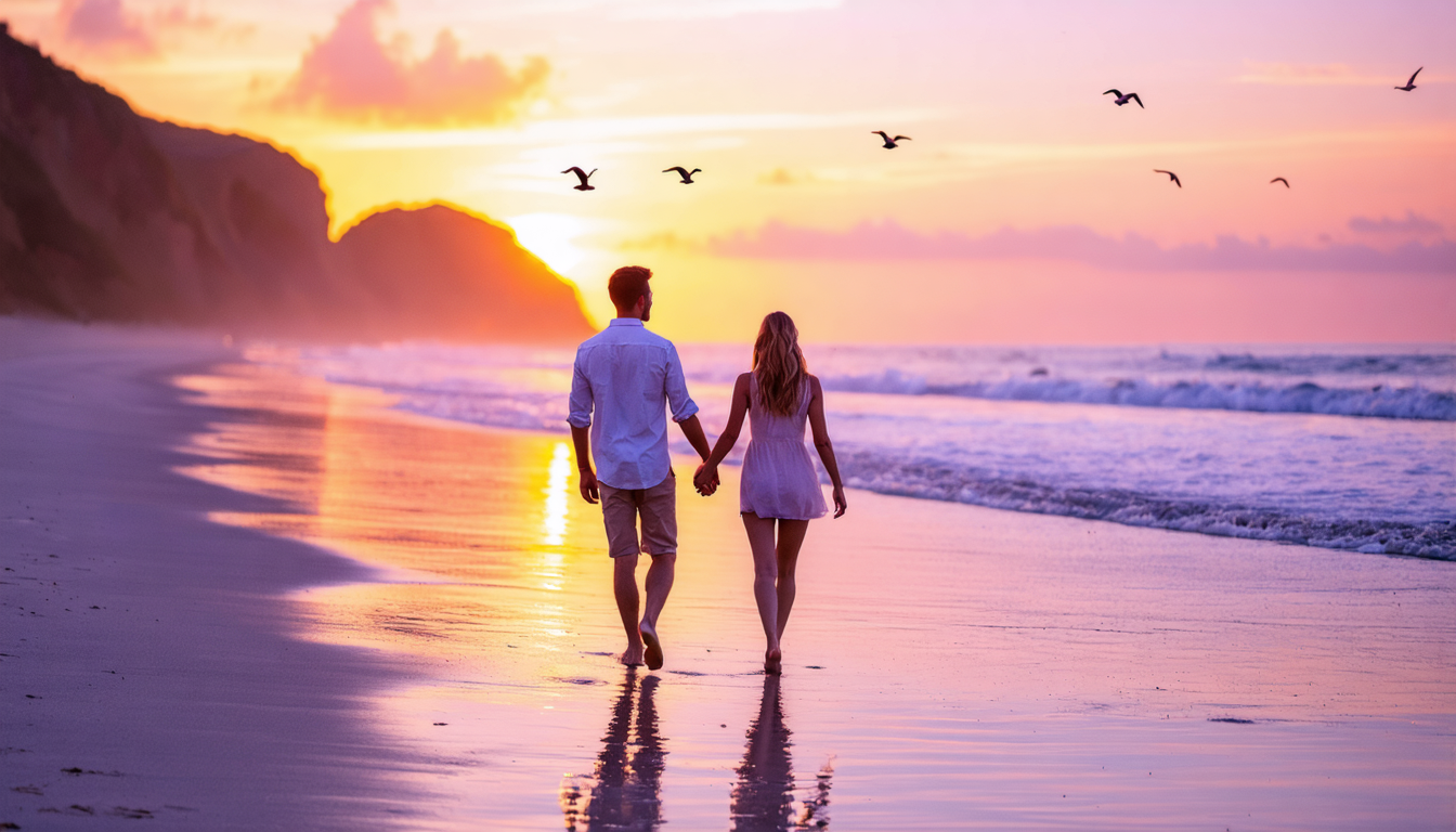 A couple walking hand in hand on a beach during sunset, with colorful sky and gentle waves.