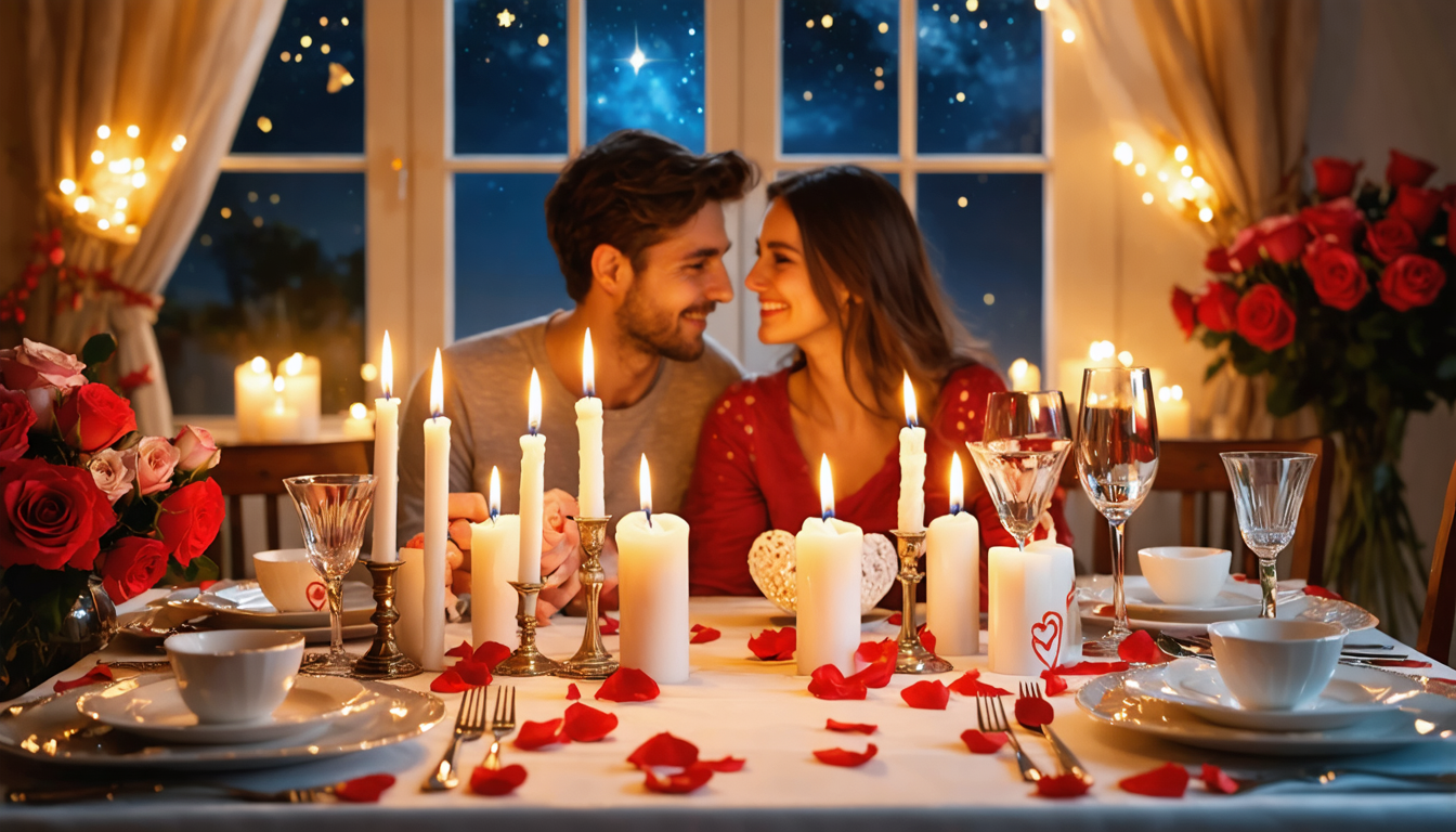 A romantic Valentine's Day dinner setting with candles and rose petals.