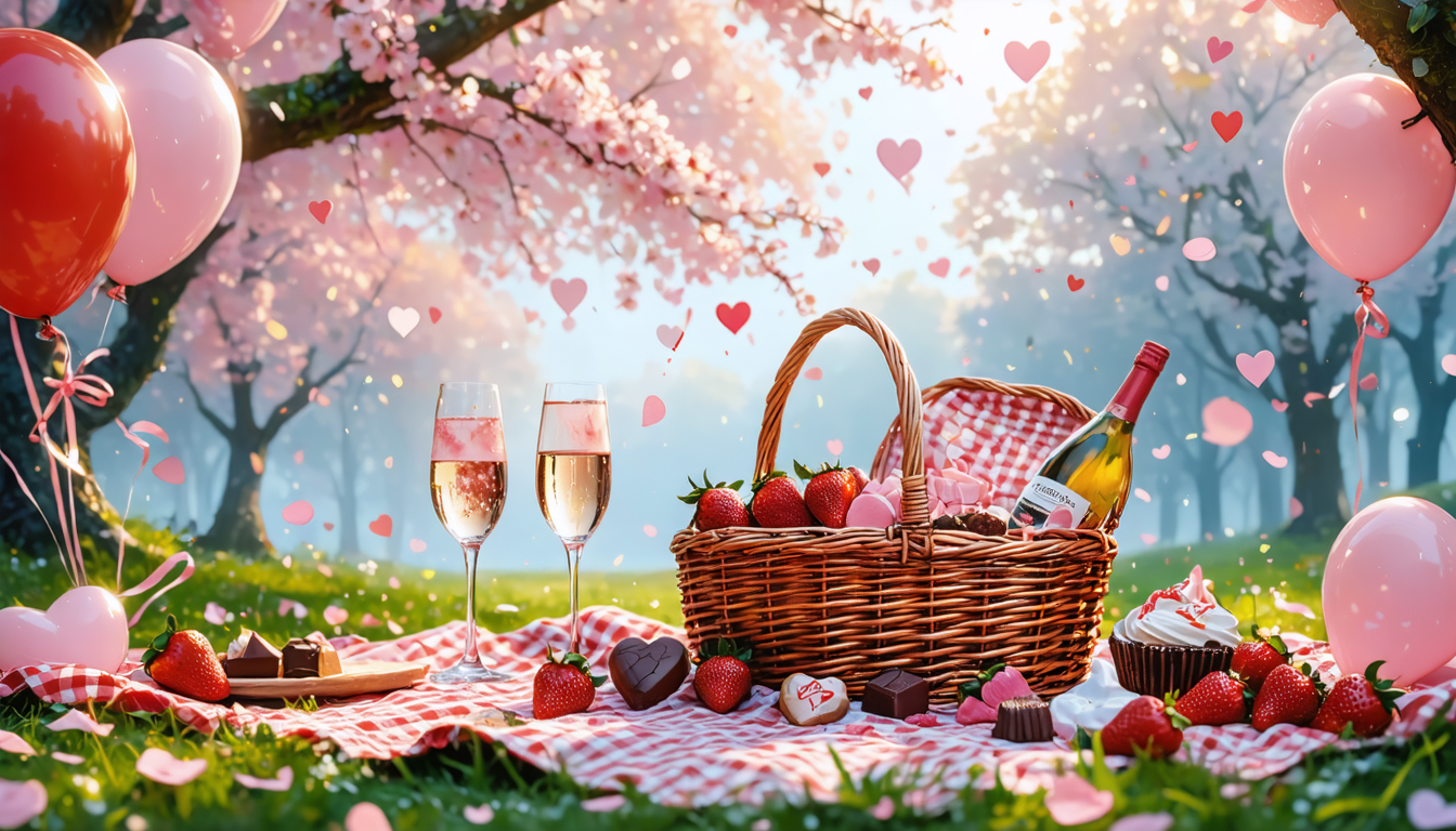 A romantic Valentine's Day picnic scene with a couple, heart-shaped balloons, and cherry blossoms.