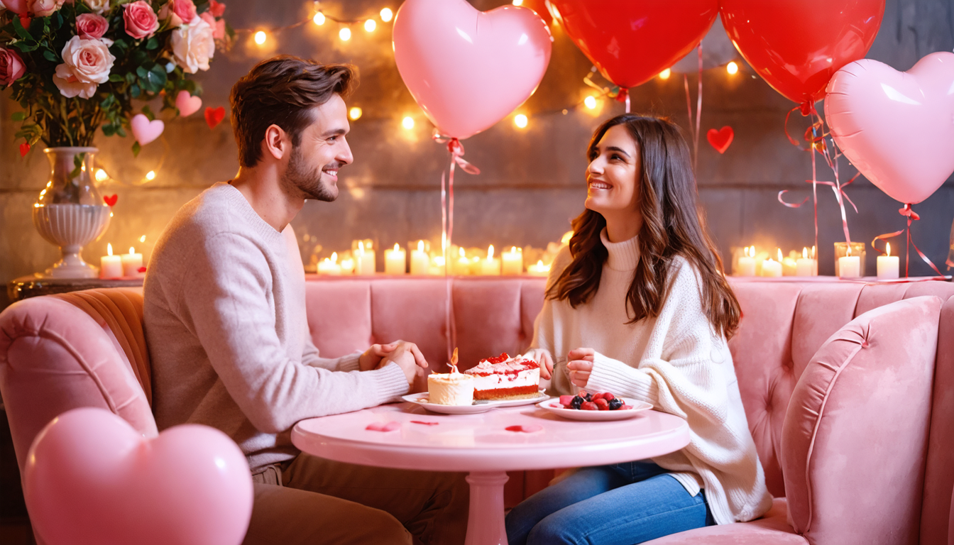 A romantic Valentine's Day scene in a cozy café with a couple sharing a dessert.