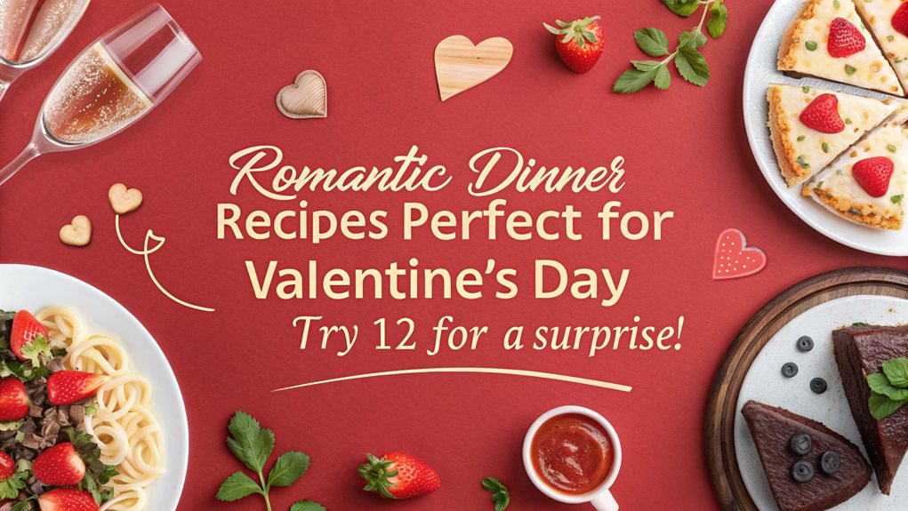 A romantic Valentine's Day dinner setup with candles, flowers, and chocolates.